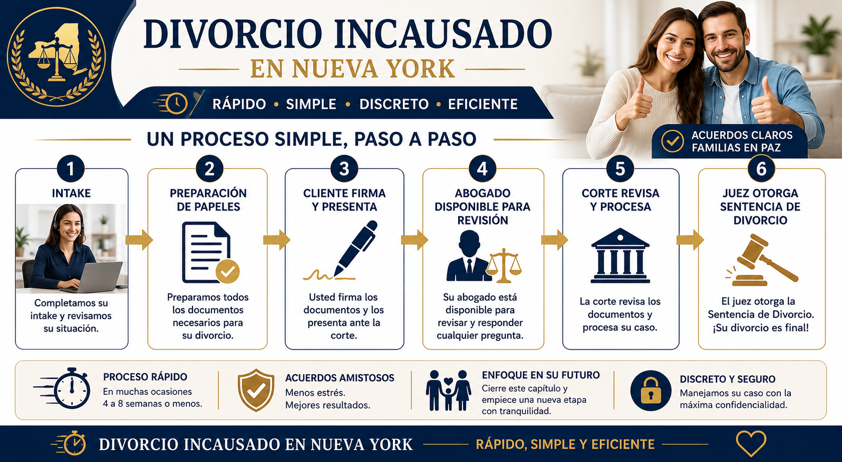 Resumen visual del proceso de divorcio incausado en Nueva York desde la recopilación de información hasta la sentencia final de divorcio. Proceso de divorcio incausado en Nueva York que muestra la recopilación de información, preparación de documentos, firma, presentación ante